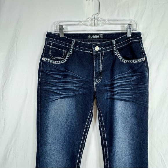 South Pole Dark Wash Rhinestone Bling Flap Pocket Heavy Stitch Bootcut Jeans - Picture 4 of 8